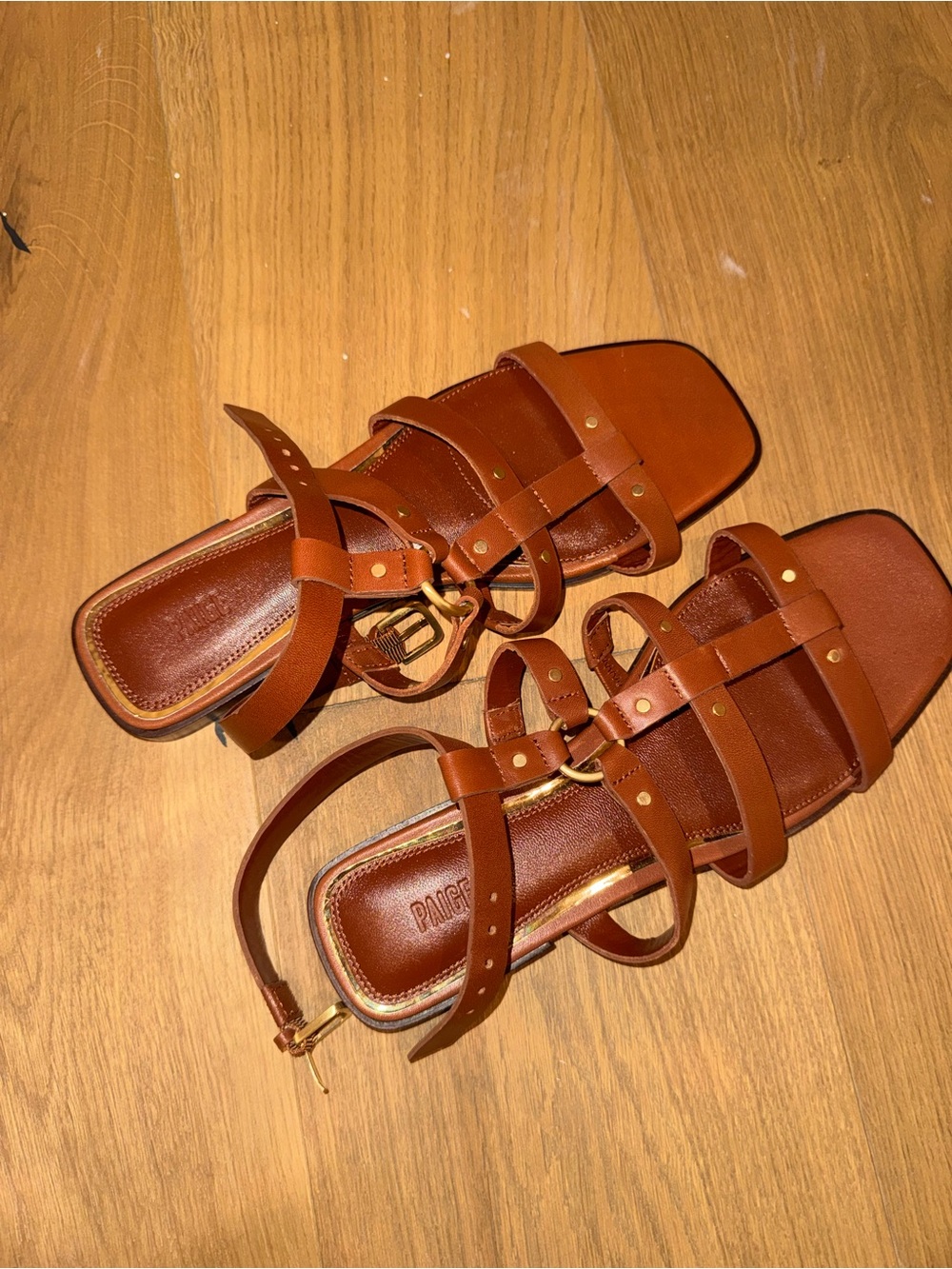 PAIGE Brown Strappy Leather Ankle Tie Flat Sandals - Picture 2 of 3